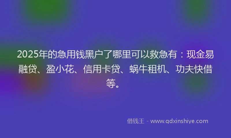 2025年的急用钱黑户了哪里可以救急有：现金易融贷、盈小花、信用卡贷、蜗牛租机、功夫快借等。