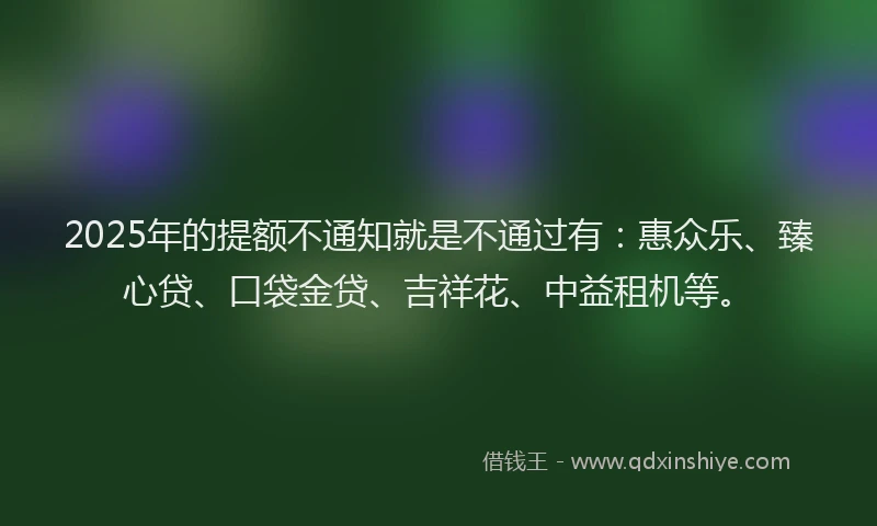 2025年的提额不通知就是不通过有：惠众乐、臻心贷、口袋金贷、吉祥花、中益租机等。