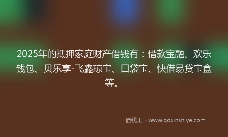 2025年的抵押家庭财产借钱有：借款宝融、欢乐钱包、贝乐享-飞鑫琼宝、口袋宝、快借易贷宝盒等。