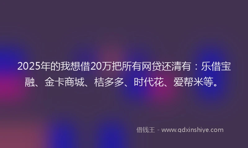 2025年的我想借20万把所有网贷还清有：乐借宝融、金卡商城、桔多多、时代花、爱帮米等。
