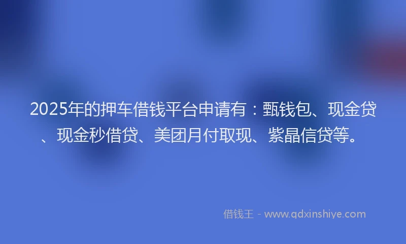 2025年的押车借钱平台申请有：甄钱包、现金贷、现金秒借贷、美团月付取现、紫晶信贷等。