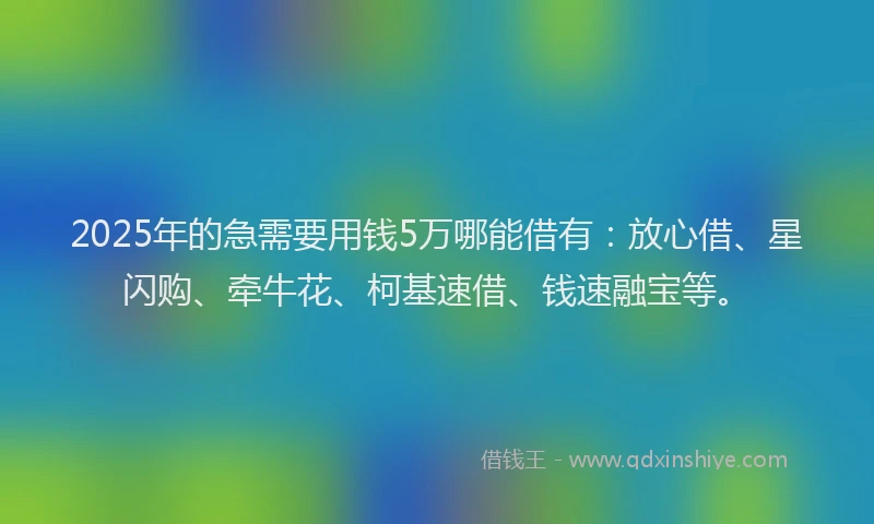 2025年的急需要用钱5万哪能借有：放心借、星闪购、牵牛花、柯基速借、钱速融宝等。