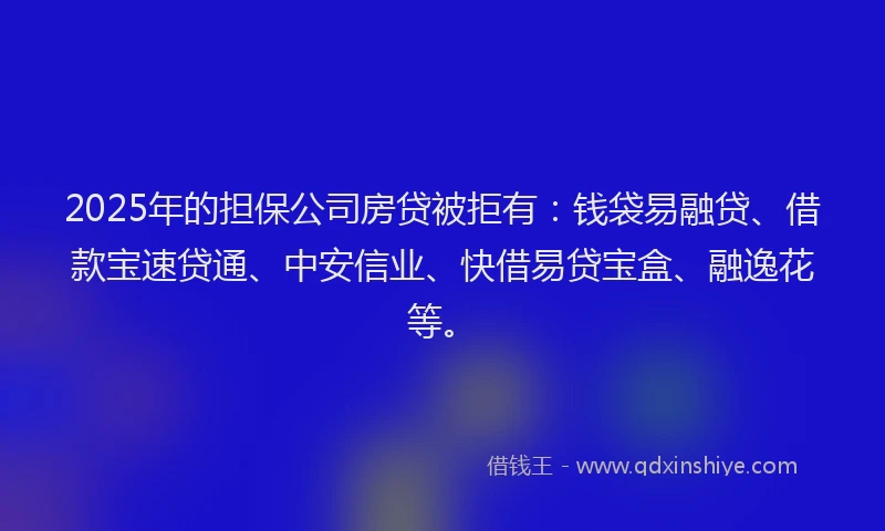 2025年的担保公司房贷被拒有：钱袋易融贷、借款宝速贷通、中安信业、快借易贷宝盒、融逸花等。