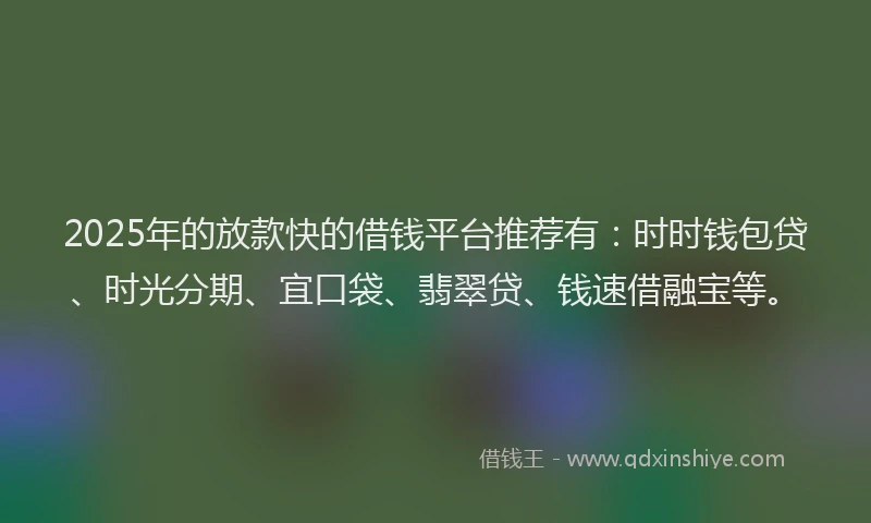2025年的放款快的借钱平台推荐有：时时钱包贷、时光分期、宜口袋、翡翠贷、钱速借融宝等。