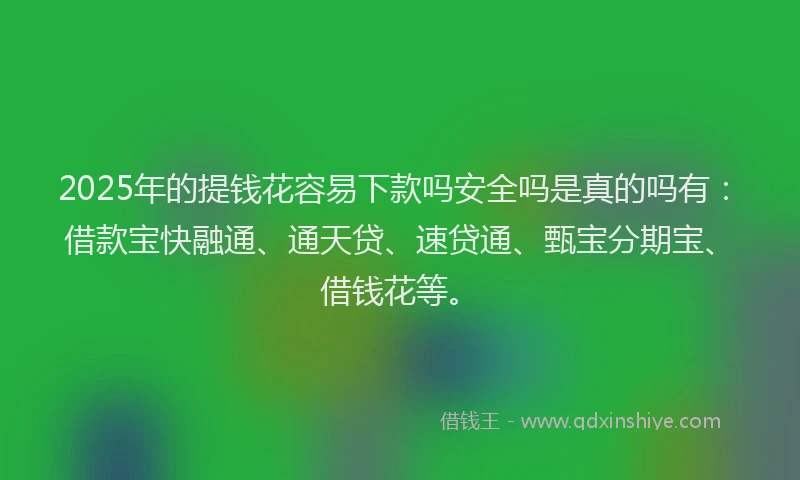 2025年的提钱花容易下款吗安全吗是真的吗有：借款宝快融通、通天贷、速贷通、甄宝分期宝、借钱花等。