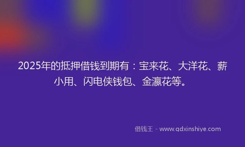 2025年的抵押借钱到期有：宝来花、大洋花、薪小用、闪电侠钱包、金瀛花等。