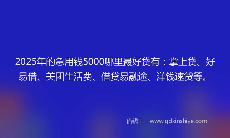 2025年的急用钱5000哪里最好贷有：掌上贷、好易借、美团生活费、借贷易融途、洋钱速贷等。