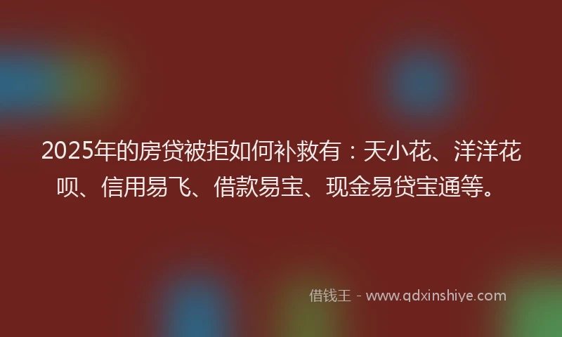 2025年的房贷被拒如何补救有：天小花、洋洋花呗、信用易飞、借款易宝、现金易贷宝通等。