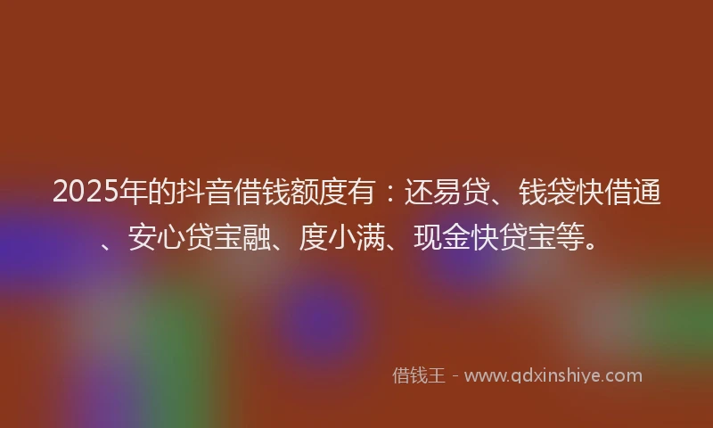 2025年的抖音借钱额度有：还易贷、钱袋快借通、安心贷宝融、度小满、现金快贷宝等。