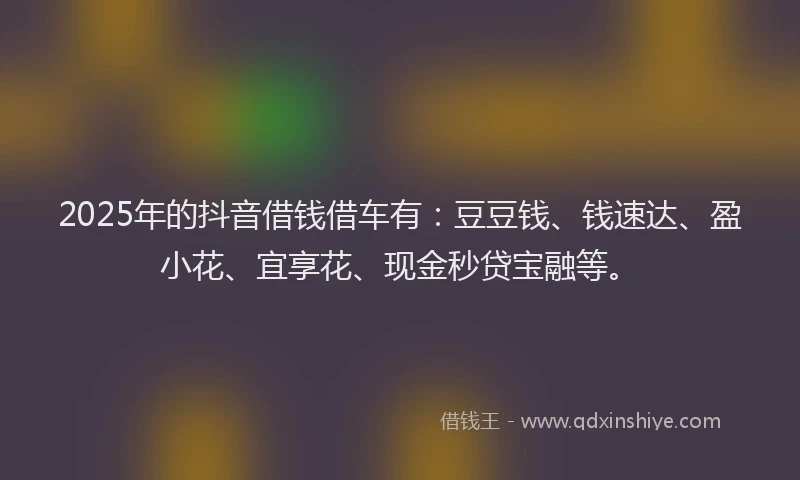 2025年的抖音借钱借车有：豆豆钱、钱速达、盈小花、宜享花、现金秒贷宝融等。