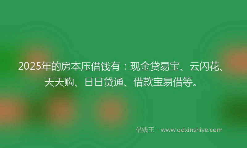 2025年的房本压借钱有：现金贷易宝、云闪花、天天购、日日贷通、借款宝易借等。