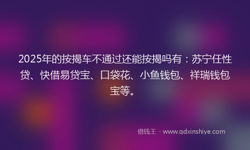 2025年的按揭车不通过还能按揭吗有：苏宁任性贷、快借易贷宝、口袋花、小鱼钱包、祥瑞钱包宝等。