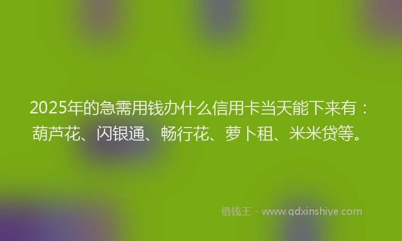 2025年的急需用钱办什么信用卡当天能下来有：葫芦花、闪银通、畅行花、萝卜租、米米贷等。