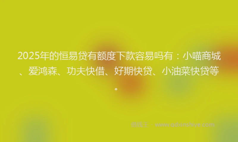 2025年的恒易贷有额度下款容易吗有：小喵商城、爱鸿森、功夫快借、好期快贷、小油菜快贷等。
