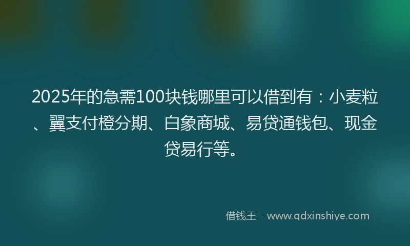 2025年的急需100块钱哪里可以借到有：小麦粒、翼支付橙分期、白象商城、易贷通钱包、现金贷易行等。