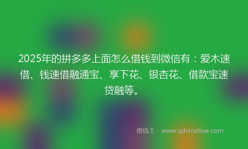 2025年的拼多多上面怎么借钱到微信有：爱木速借、钱速借融通宝、享下花、银杏花、借款宝速贷融等。