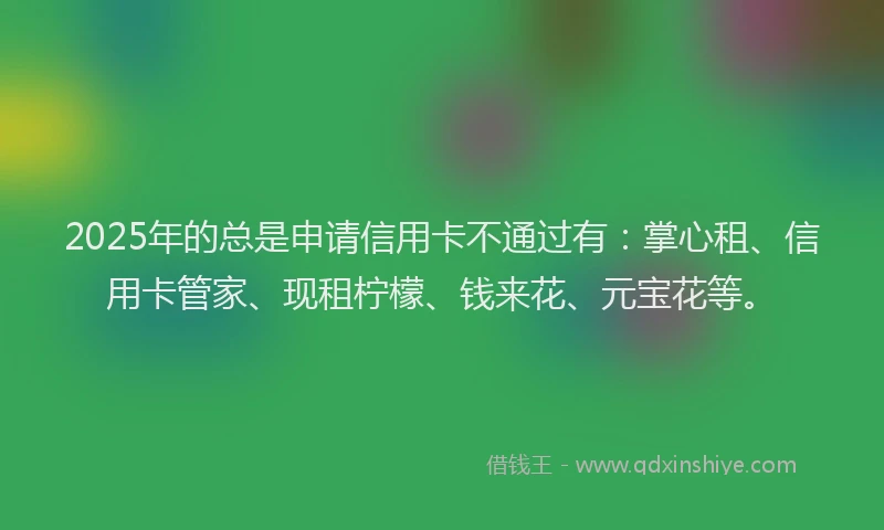 2025年的总是申请信用卡不通过有：掌心租、信用卡管家、现租柠檬、钱来花、元宝花等。