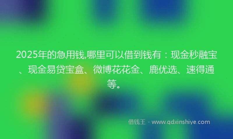 2025年的急用钱,哪里可以借到钱有：现金秒融宝、现金易贷宝盒、微博花花金、鹿优选、速得通等。