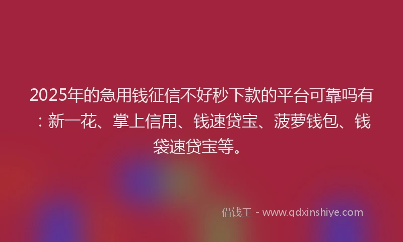 2025年的急用钱征信不好秒下款的平台可靠吗有：新一花、掌上信用、钱速贷宝、菠萝钱包、钱袋速贷宝等。