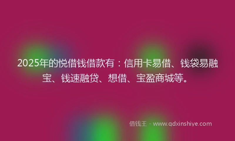 2025年的悦借钱借款有：信用卡易借、钱袋易融宝、钱速融贷、想借、宝盈商城等。