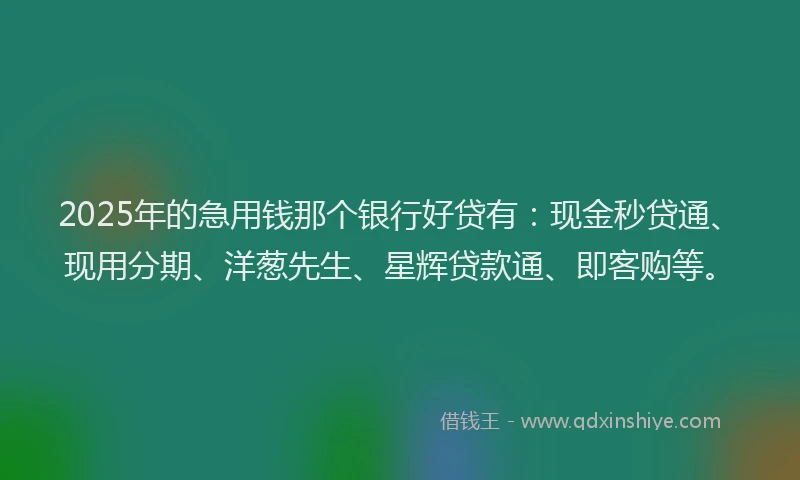 2025年的急用钱那个银行好贷有：现金秒贷通、现用分期、洋葱先生、星辉贷款通、即客购等。