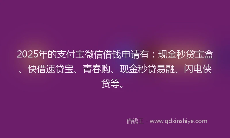 2025年的支付宝微信借钱申请有：现金秒贷宝盒、快借速贷宝、青春购、现金秒贷易融、闪电侠贷等。