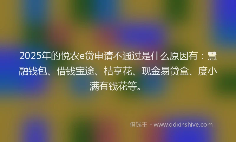 2025年的悦农e贷申请不通过是什么原因有：慧融钱包、借钱宝途、桔享花、现金易贷盒、度小满有钱花等。