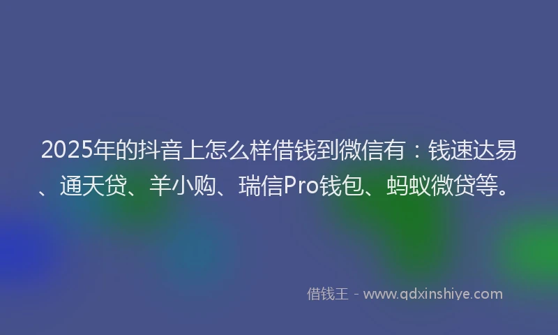 2025年的抖音上怎么样借钱到微信有：钱速达易、通天贷、羊小购、瑞信Pro钱包、蚂蚁微贷等。
