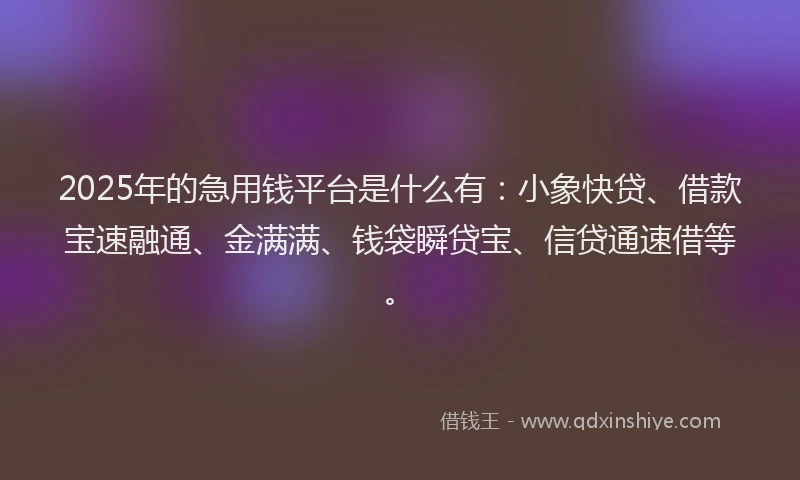 2025年的急用钱平台是什么有：小象快贷、借款宝速融通、金满满、钱袋瞬贷宝、信贷通速借等。
