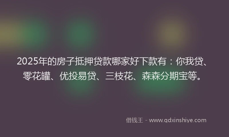 2025年的房子抵押贷款哪家好下款有：你我贷、零花罐、优投易贷、三枝花、森森分期宝等。