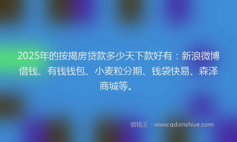 2025年的按揭房贷款多少天下款好有：新浪微博借钱、有钱钱包、小麦粒分期、钱袋快易、森泽商城等。