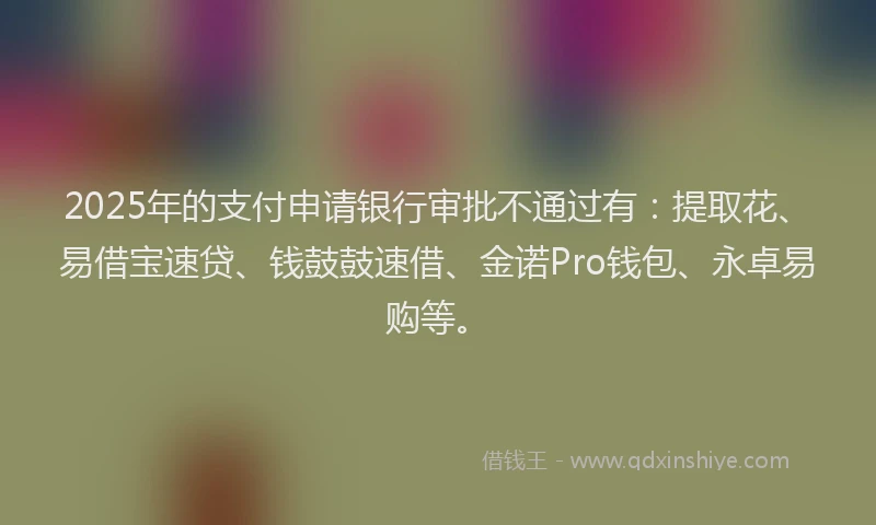 2025年的支付申请银行审批不通过有：提取花、易借宝速贷、钱鼓鼓速借、金诺Pro钱包、永卓易购等。