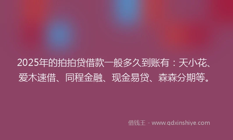 2025年的拍拍贷借款一般多久到账有：天小花、爱木速借、同程金融、现金易贷、森森分期等。