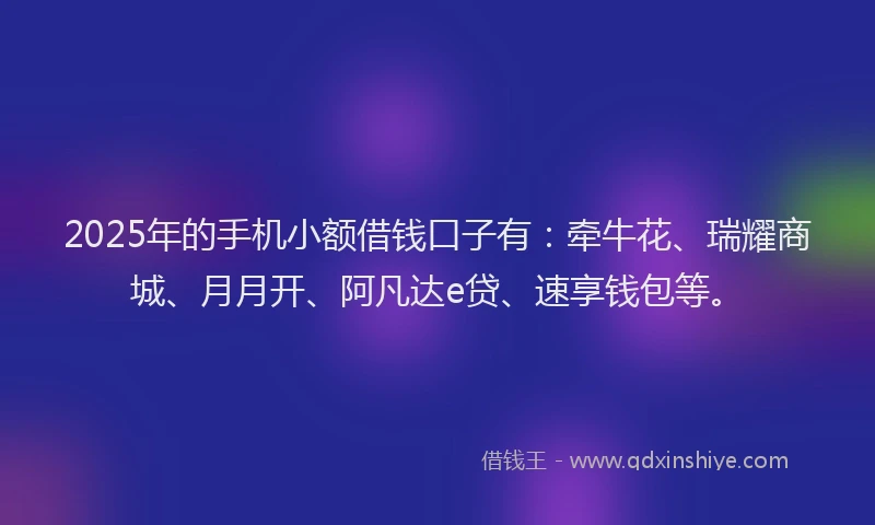 2025年的手机小额借钱口子有：牵牛花、瑞耀商城、月月开、阿凡达e贷、速享钱包等。