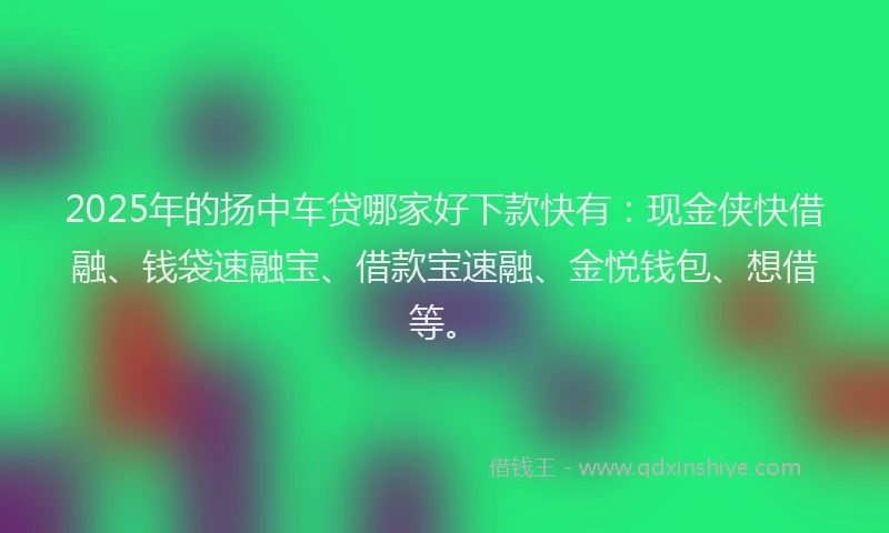 2025年的扬中车贷哪家好下款快有：现金侠快借融、钱袋速融宝、借款宝速融、金悦钱包、想借等。