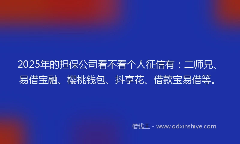 2025年的担保公司看不看个人征信有：二师兄、易借宝融、樱桃钱包、抖享花、借款宝易借等。