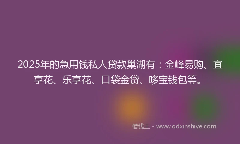2025年的急用钱私人贷款巢湖有：金峰易购、宜享花、乐享花、口袋金贷、哆宝钱包等。