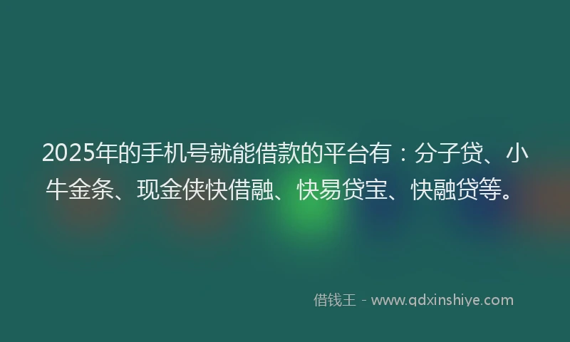 2025年的手机号就能借款的平台有：分子贷、小牛金条、现金侠快借融、快易贷宝、快融贷等。