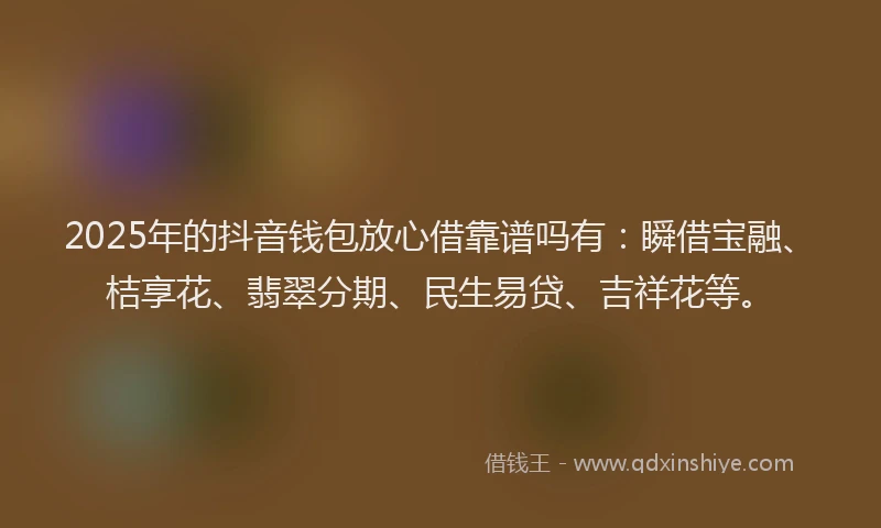 2025年的抖音钱包放心借靠谱吗有：瞬借宝融、桔享花、翡翠分期、民生易贷、吉祥花等。