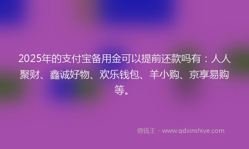 2025年的支付宝备用金可以提前还款吗有：人人聚财、鑫诚好物、欢乐钱包、羊小购、京享易购等。