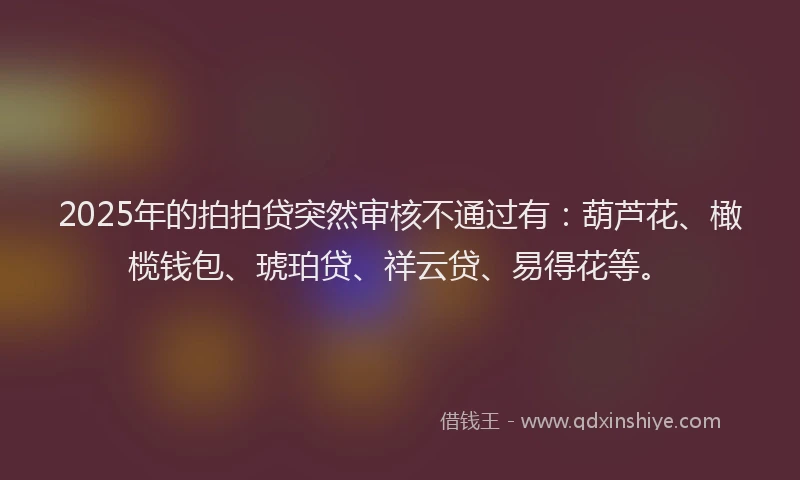 2025年的拍拍贷突然审核不通过有：葫芦花、橄榄钱包、琥珀贷、祥云贷、易得花等。