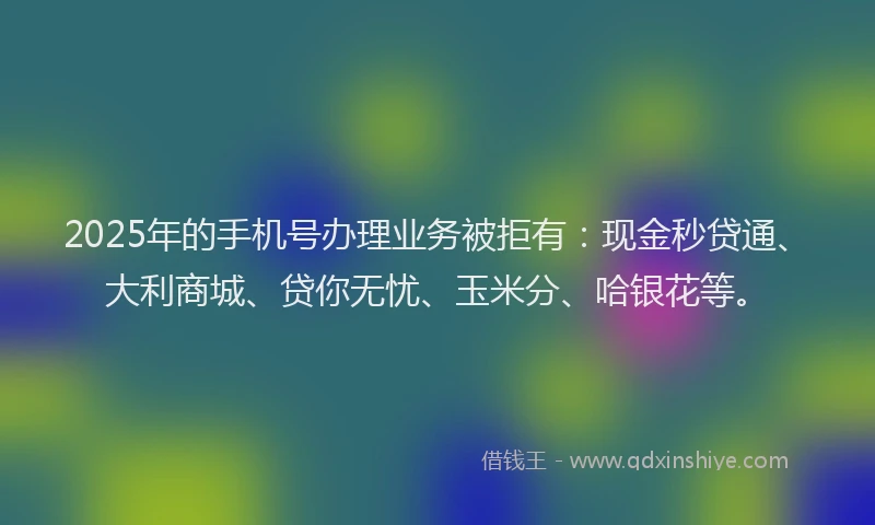 2025年的手机号办理业务被拒有：现金秒贷通、大利商城、贷你无忧、玉米分、哈银花等。