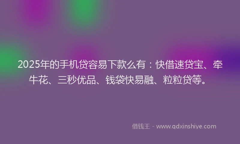 2025年的手机贷容易下款么有：快借速贷宝、牵牛花、三秒优品、钱袋快易融、粒粒贷等。