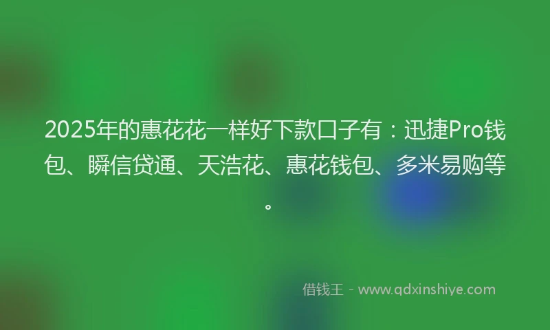 2025年的惠花花一样好下款口子有：迅捷Pro钱包、瞬信贷通、天浩花、惠花钱包、多米易购等。