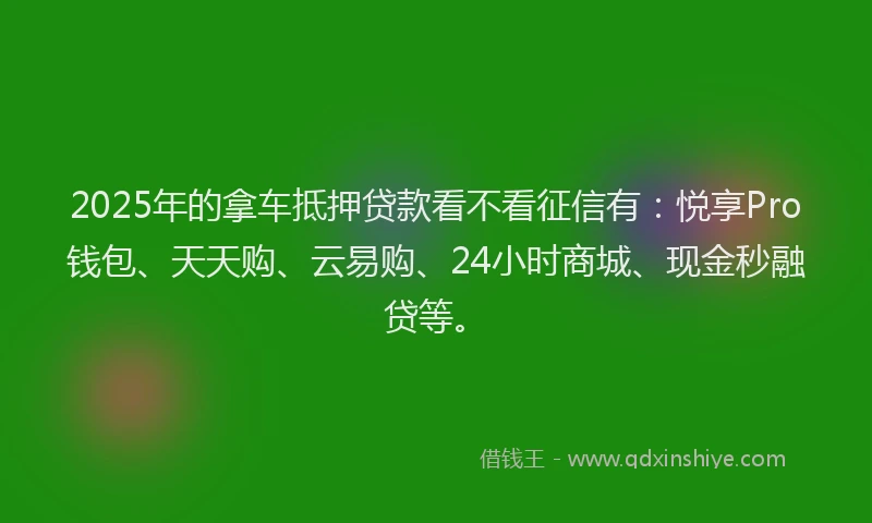 2025年的拿车抵押贷款看不看征信有：悦享Pro钱包、天天购、云易购、24小时商城、现金秒融贷等。