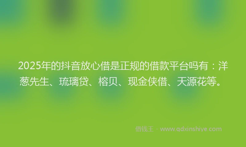 2025年的抖音放心借是正规的借款平台吗有：洋葱先生、琉璃贷、榕贝、现金侠借、天源花等。