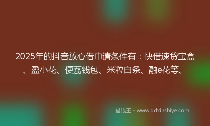 2025年的抖音放心借申请条件有：快借速贷宝盒、盈小花、便荔钱包、米粒白条、融e花等。