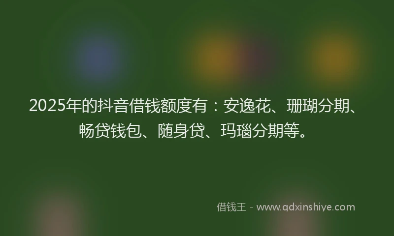 2025年的抖音借钱额度有：安逸花、珊瑚分期、畅贷钱包、随身贷、玛瑙分期等。