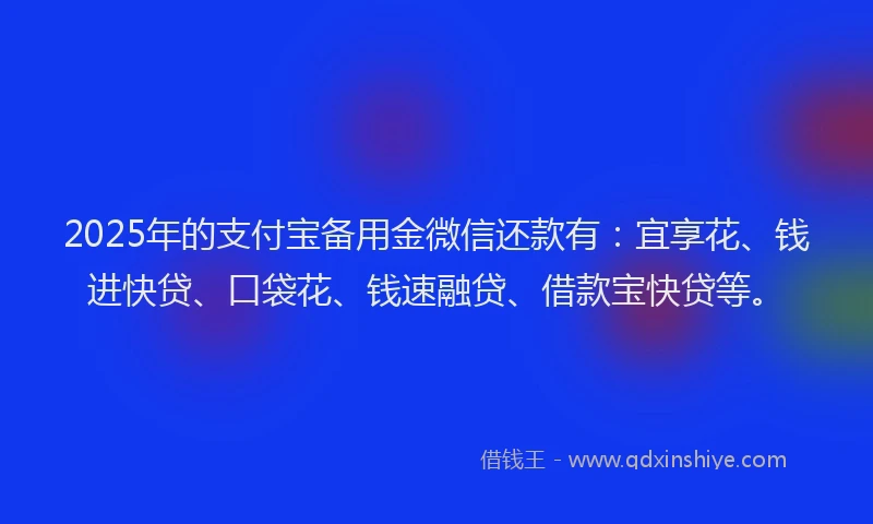 2025年的支付宝备用金微信还款有：宜享花、钱进快贷、口袋花、钱速融贷、借款宝快贷等。