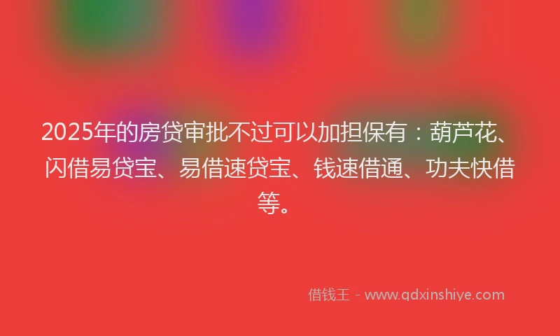 2025年的房贷审批不过可以加担保有：葫芦花、闪借易贷宝、易借速贷宝、钱速借通、功夫快借等。